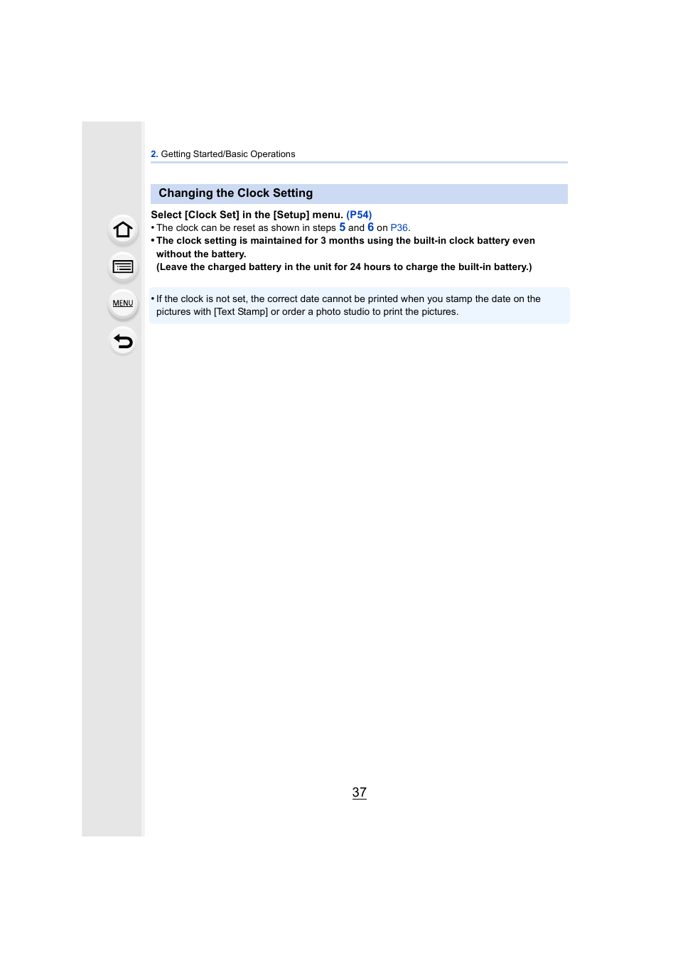 Changing the clock setting | Panasonic DMC-GH4KBODY User Manual | Page 37 / 420