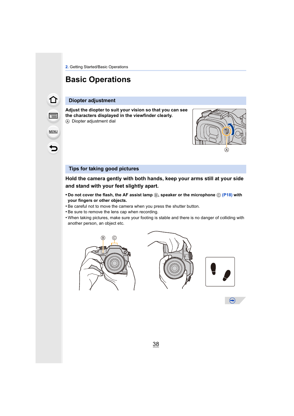 Basic operations, Diopter adjustment, Tips for taking good pictures | Diopter adjustment • tips for taking good pictures, Dial, P38) | Panasonic DMC-GH4KBODY User Manual | Page 38 / 420