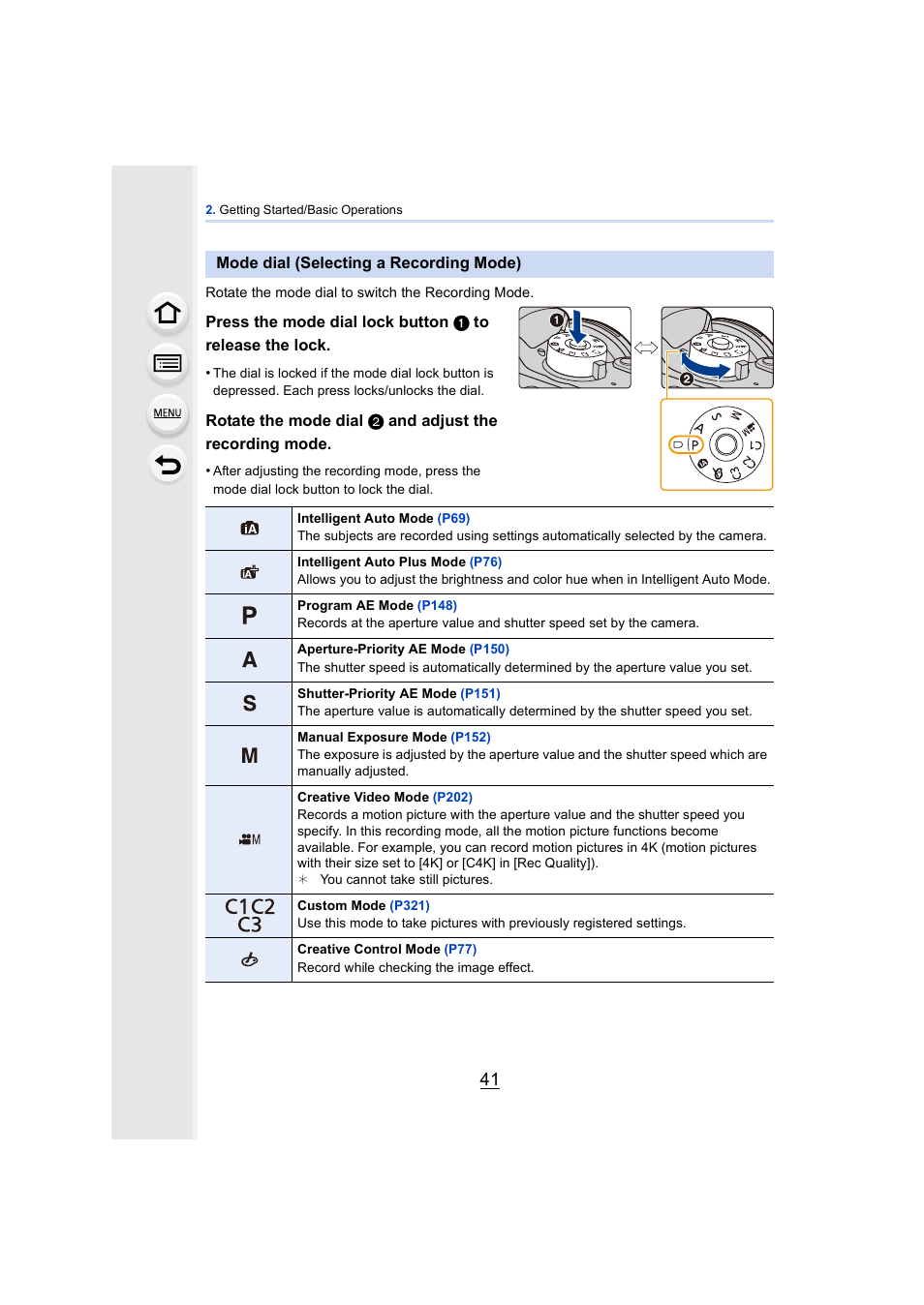 Mode dial (selecting a recording mode), P41) | Panasonic DMC-GH4KBODY User Manual | Page 41 / 420