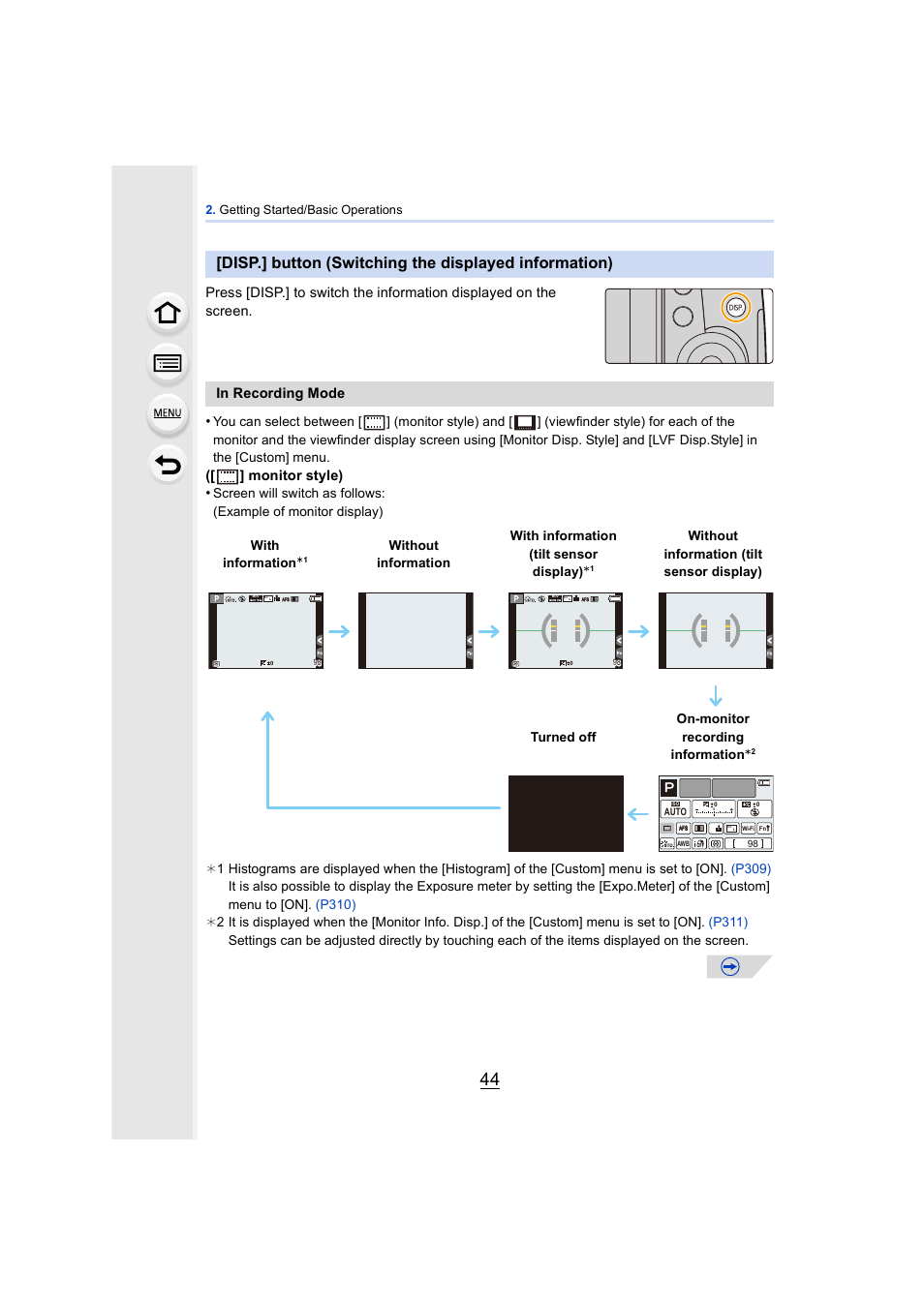 P44), Monitor style), With information | Panasonic DMC-GH4KBODY User Manual | Page 44 / 420