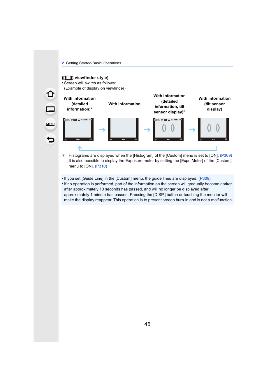 Viewfinder style), With information, With information (detailed information | Tilt sensor display), With information (tilt sensor display) | Panasonic DMC-GH4KBODY User Manual | Page 45 / 420