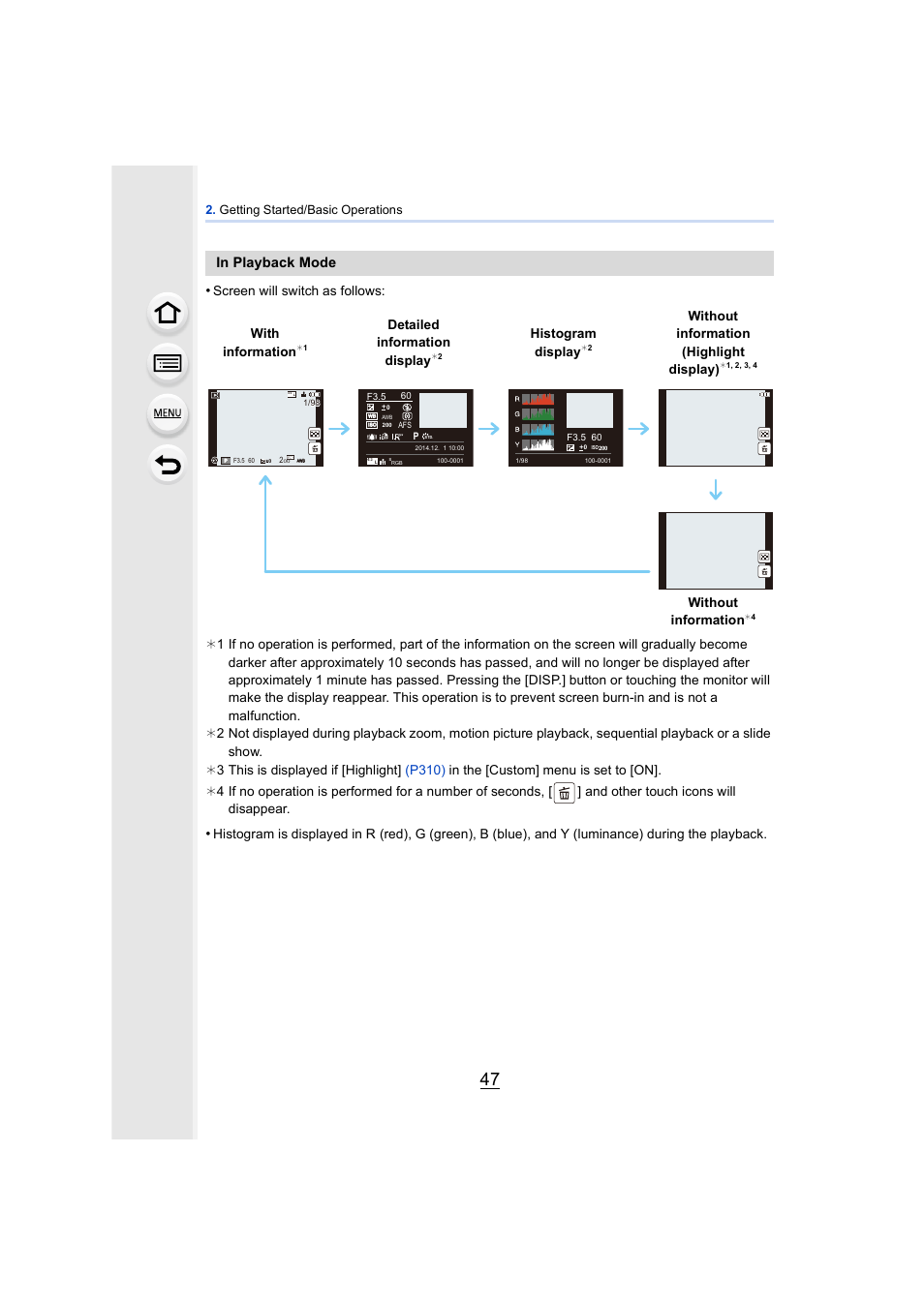 With information, Detailed information display, Histogram display | Without information (highlight display), Without information | Panasonic DMC-GH4KBODY User Manual | Page 47 / 420