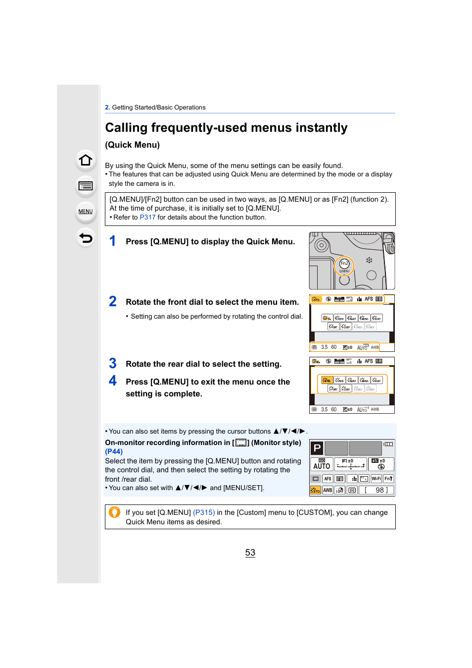 P53), Calling frequently-used menus instantly, Quick menu) | Press [q.menu] to display the quick menu, Rotate the front dial to select the menu item, Rotate the rear dial to select the setting, Auto | Panasonic DMC-GH4KBODY User Manual | Page 53 / 420
