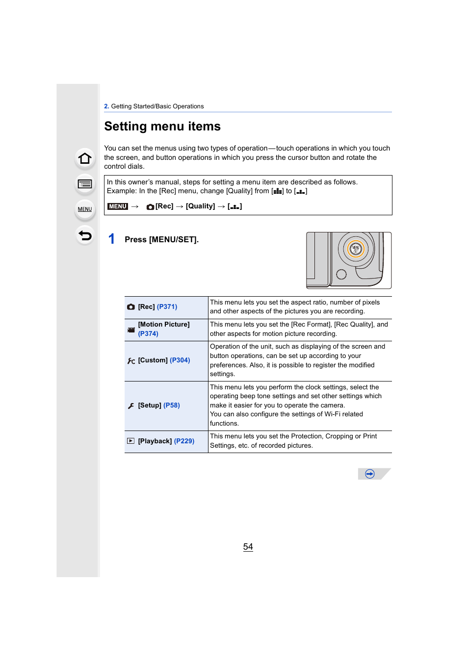Setting menu items, P54) | Panasonic DMC-GH4KBODY User Manual | Page 54 / 420