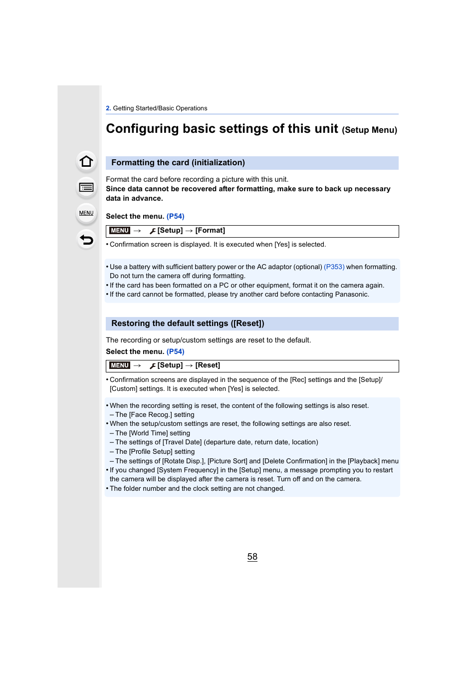 Formatting the card (initialization), Restoring the default settings ([reset]), P58) | Configuring basic settings of this unit | Panasonic DMC-GH4KBODY User Manual | Page 58 / 420