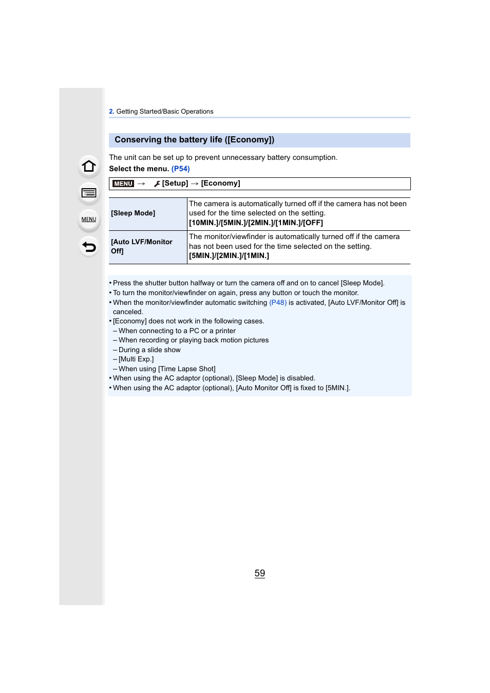 Conserving the battery life ([economy]) | Panasonic DMC-GH4KBODY User Manual | Page 59 / 420