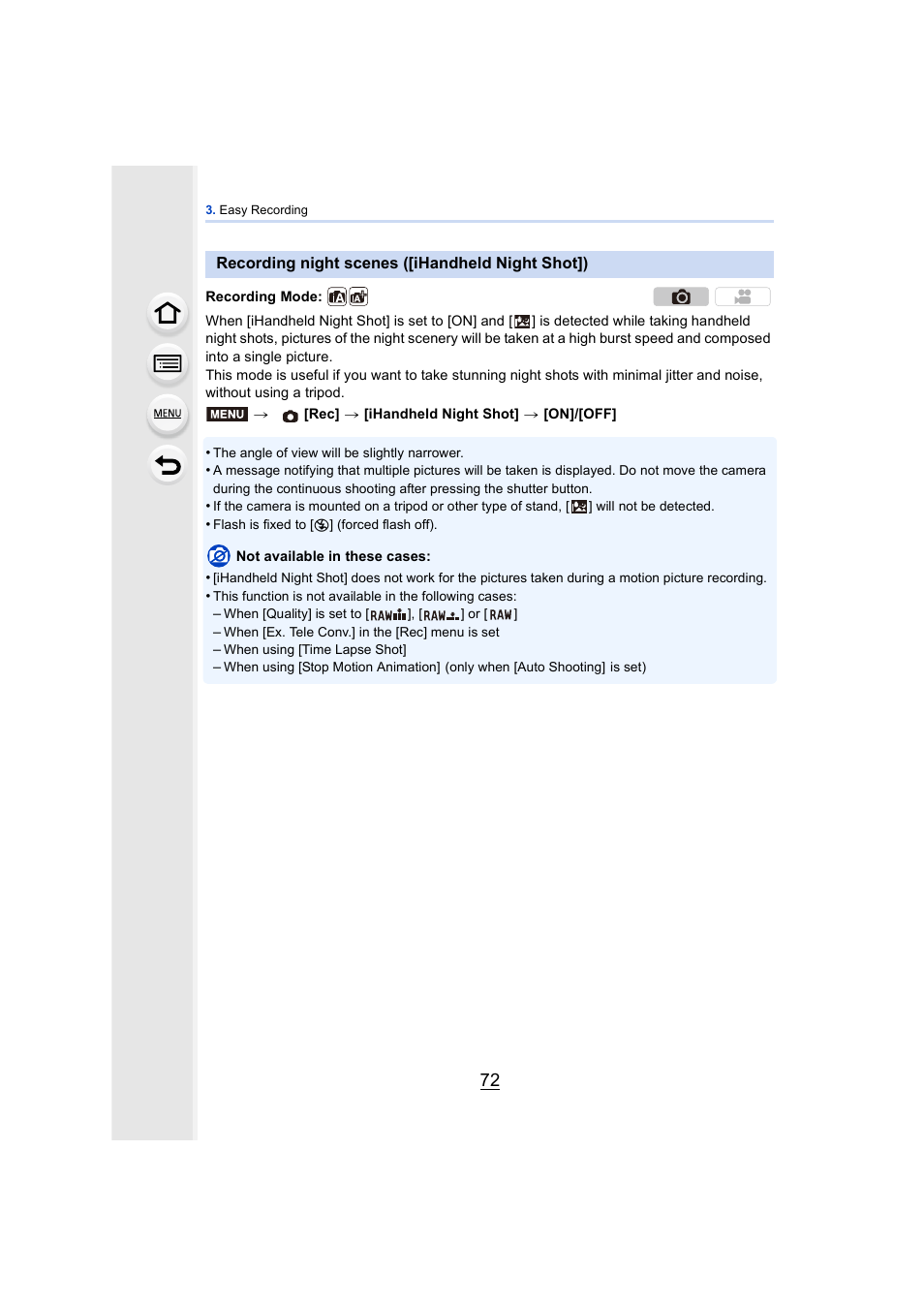 Recording night scenes ([ihandheld night shot]), P72) | Panasonic DMC-GH4KBODY User Manual | Page 72 / 420