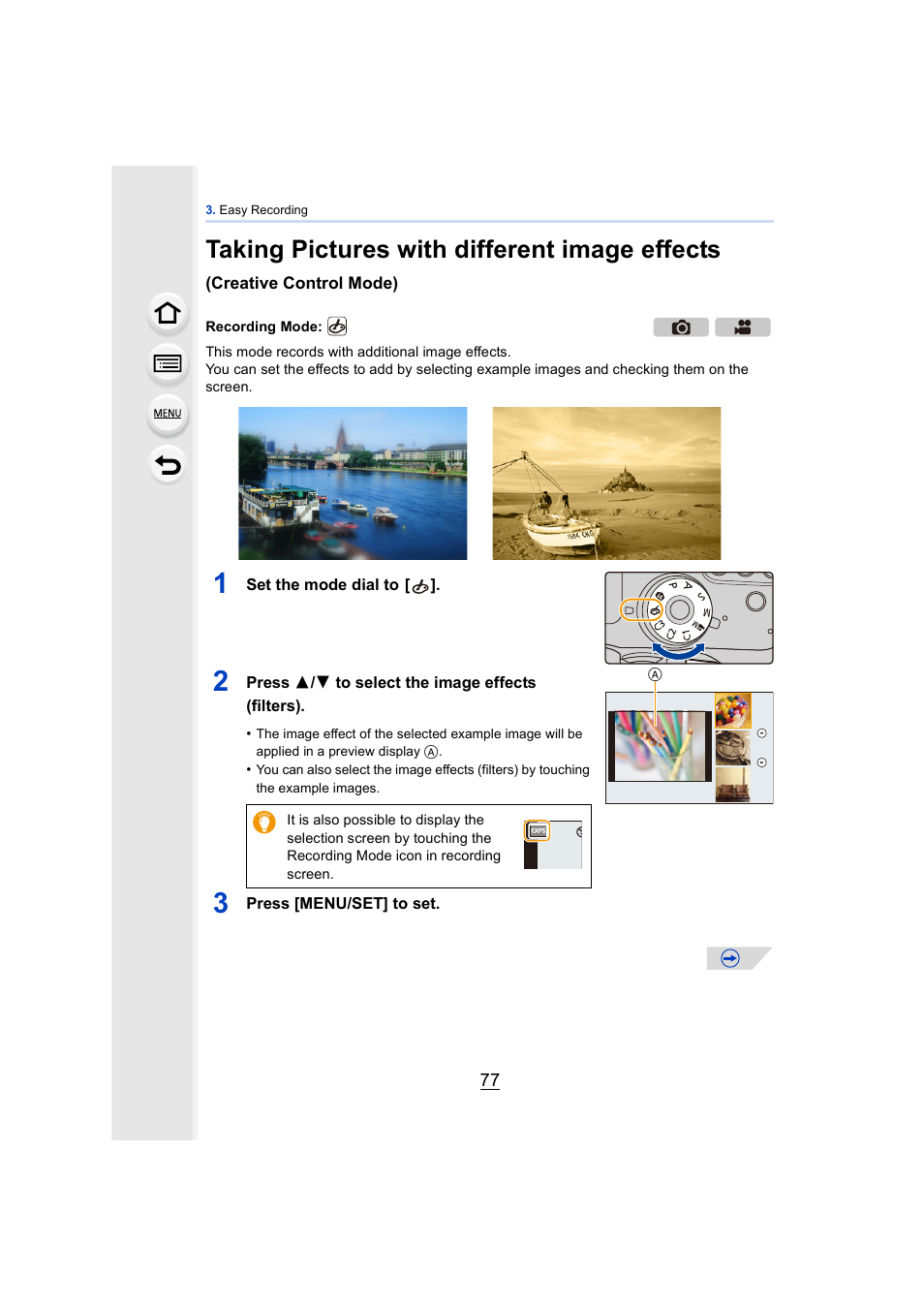 P77), Taking pictures with different image effects | Panasonic DMC-GH4KBODY User Manual | Page 77 / 420