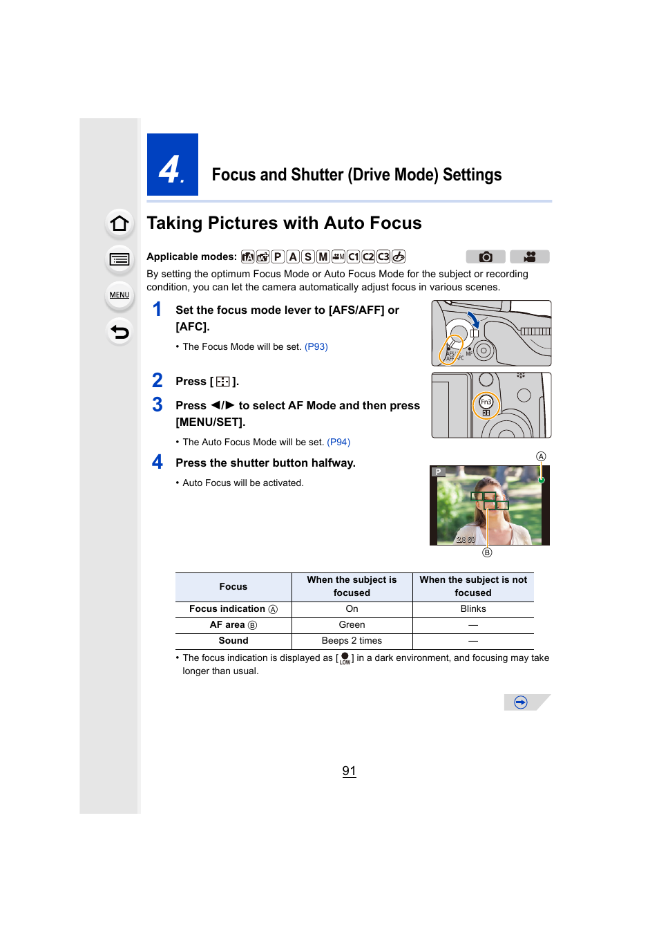 Focus and shutter (drive mode) settings, Taking pictures with auto focus, P91) | Panasonic DMC-GH4KBODY User Manual | Page 91 / 420