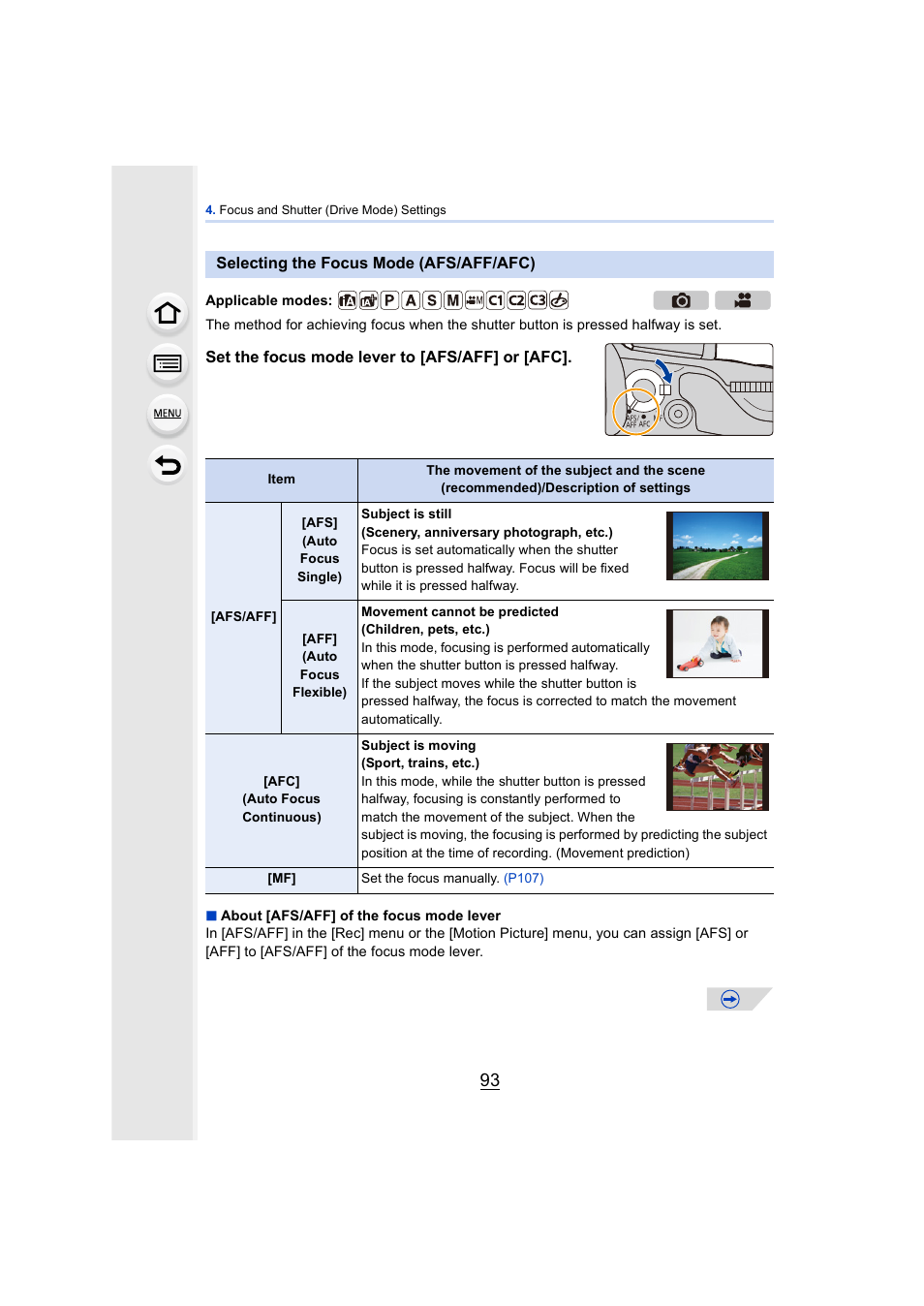 Selecting the focus mode (afs/aff/afc), P93) | Panasonic DMC-GH4KBODY User Manual | Page 93 / 420