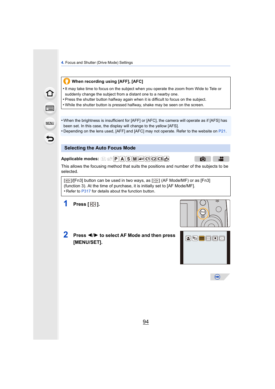 Selecting the auto focus mode, P94) | Panasonic DMC-GH4KBODY User Manual | Page 94 / 420