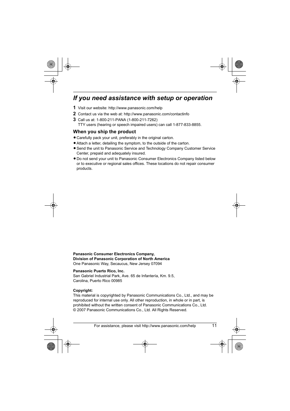 If you need assistance with setup or operation | Panasonic KX-TGA101S User Manual | Page 11 / 16