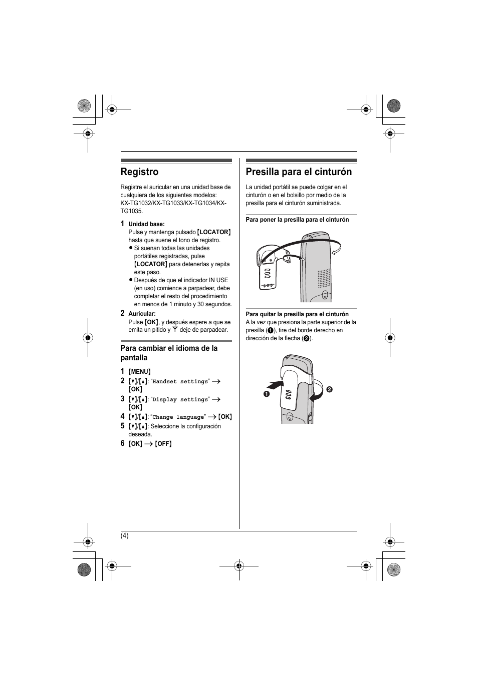 Registro, Presilla para el cinturón | Panasonic KX-TGA101S User Manual | Page 15 / 16