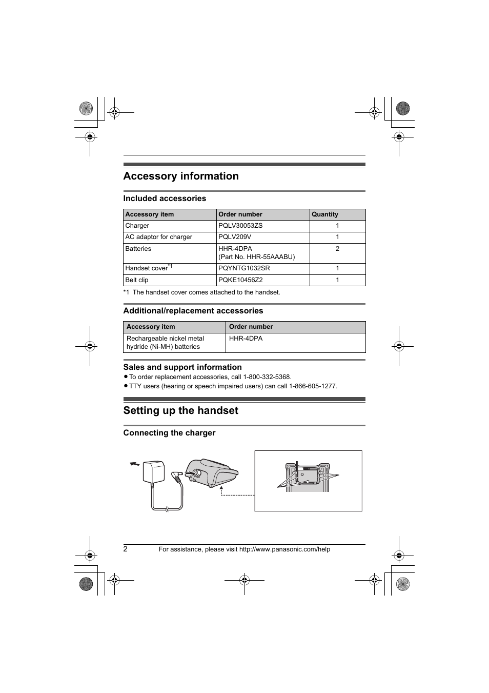 Accessory information, Setting up the handset | Panasonic KX-TGA101S User Manual | Page 2 / 16