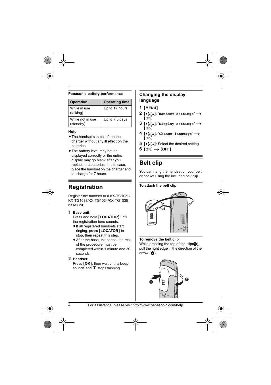 Registration, Belt clip | Panasonic KX-TGA101S User Manual | Page 4 / 16