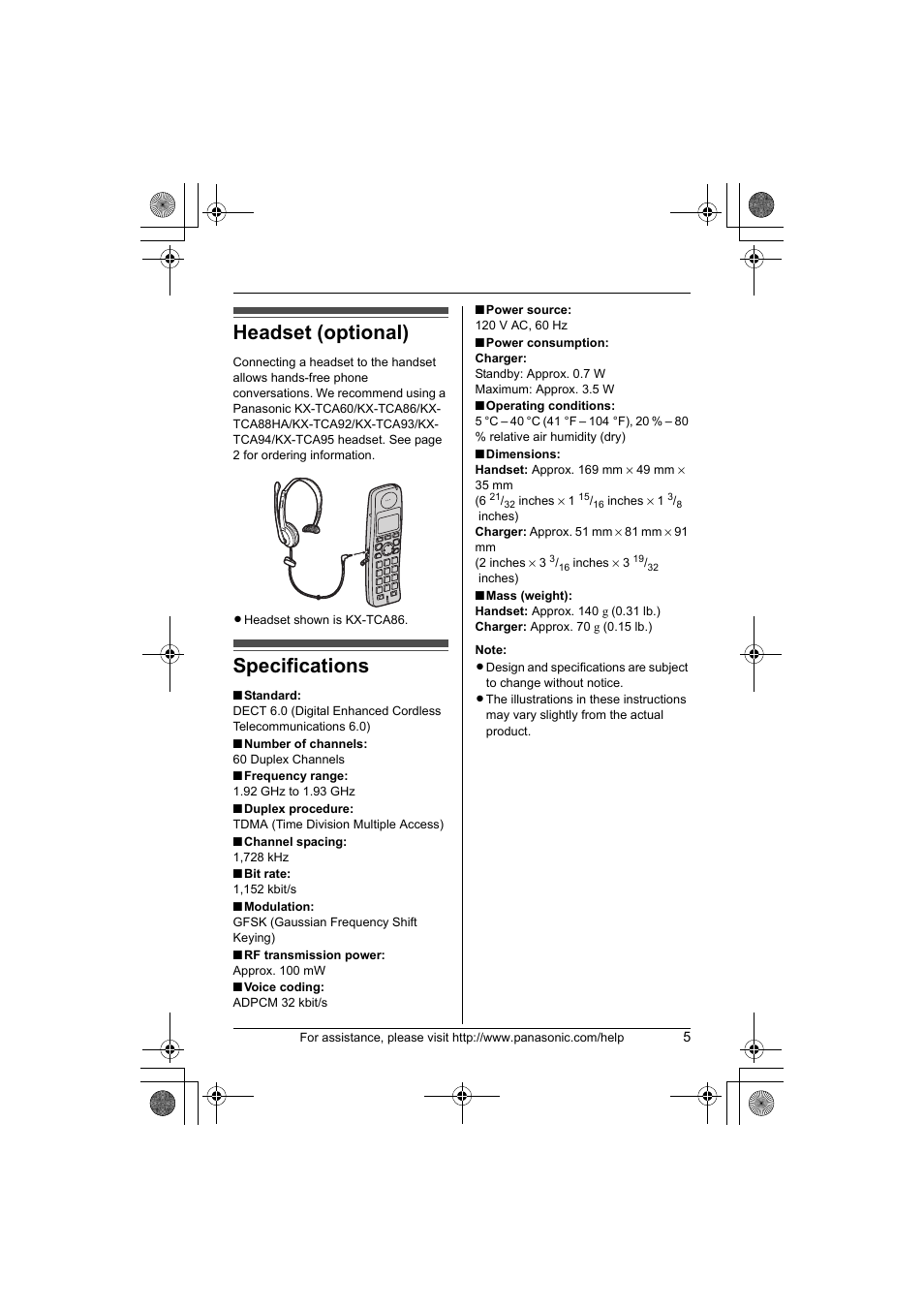 Headset (optional), Specifications | Panasonic KX-TGA101S User Manual | Page 5 / 16