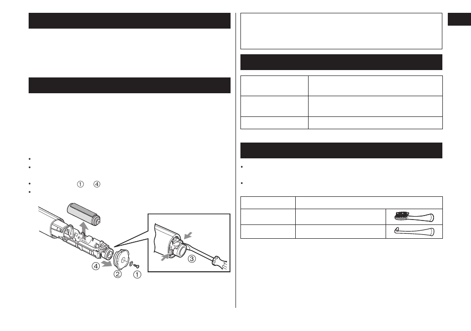 Battery life, Removing the built-in rechargeable battery, Specifications | Changing the brush head (sold separately), Batterylife, Removingthebuilt-inrechargeablebattery, Changingthebrushhead(soldseparately) | Panasonic EW-DL82-W User Manual | Page 15 / 64