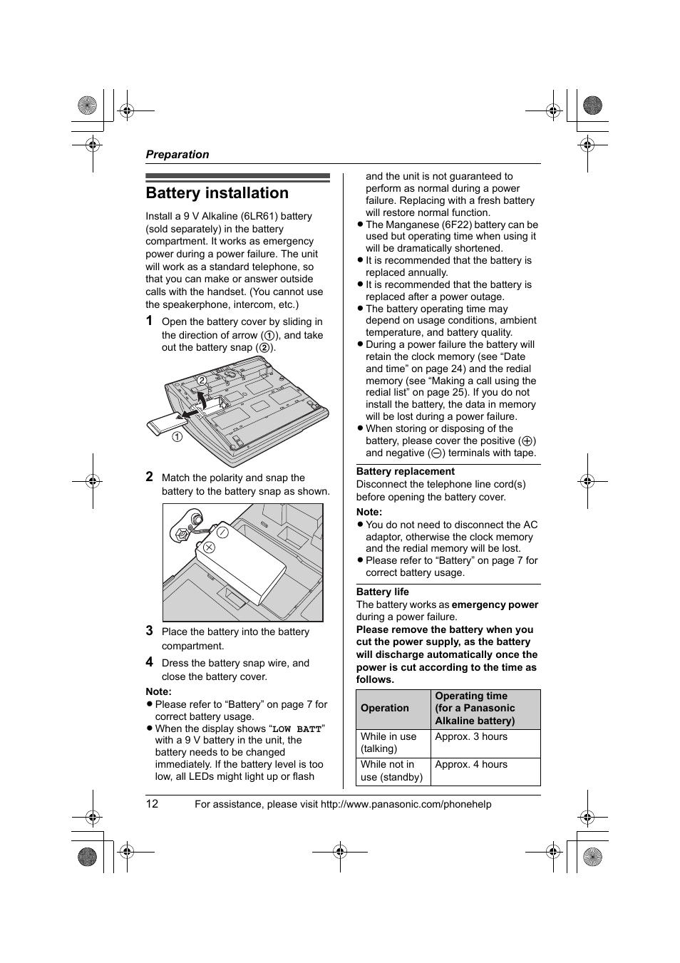 Battery installation | Panasonic KX-TS4300B User Manual | Page 12 / 84