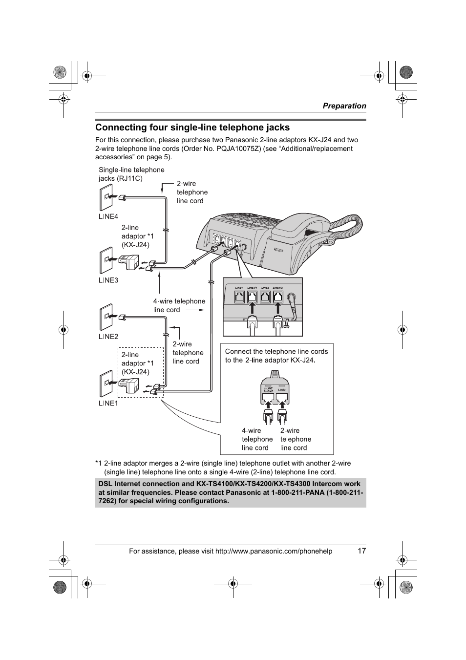 Connecting four single-line telephone jacks | Panasonic KX-TS4300B User Manual | Page 17 / 84