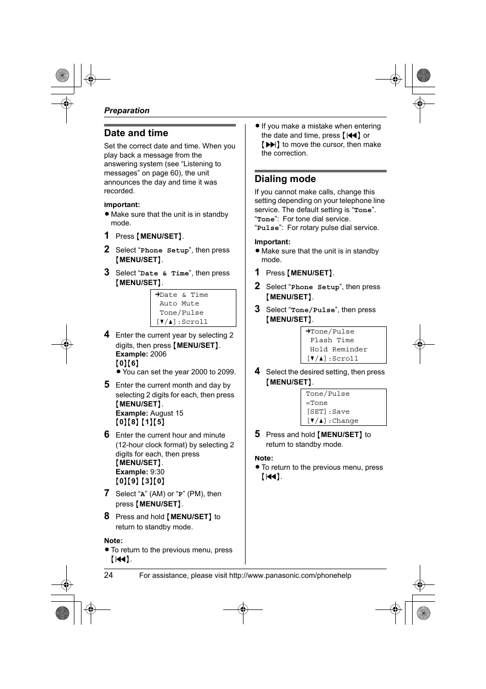 Date and time, Dialing mode | Panasonic KX-TS4300B User Manual | Page 24 / 84