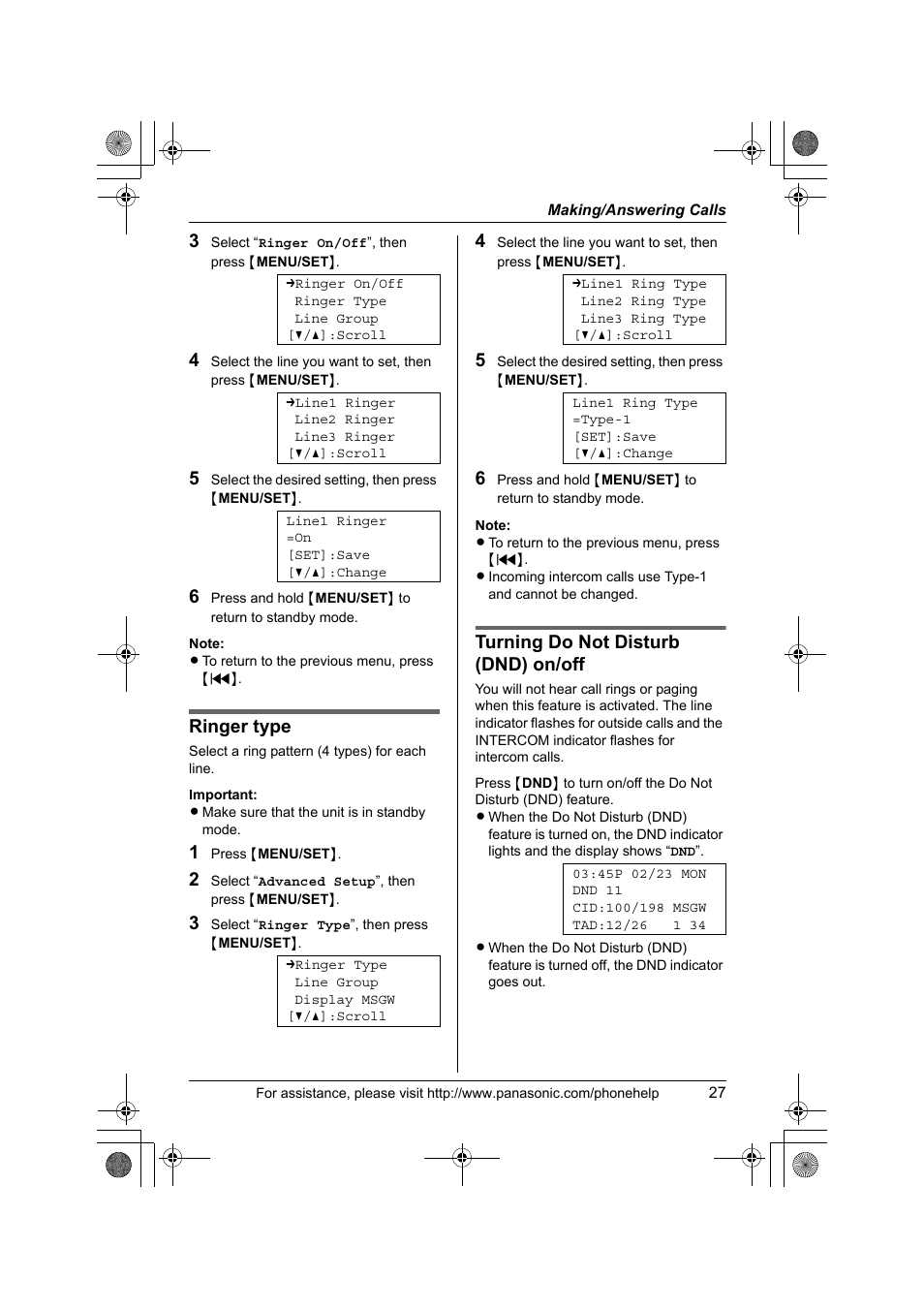 Ringer type, Turning do not disturb (dnd) on/off | Panasonic KX-TS4300B User Manual | Page 27 / 84