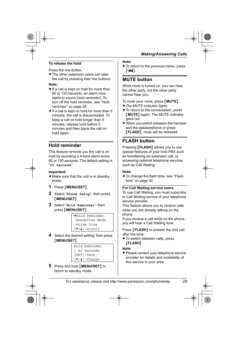 Hold reminder, Mute button, Flash button | Panasonic KX-TS4300B User Manual | Page 29 / 84