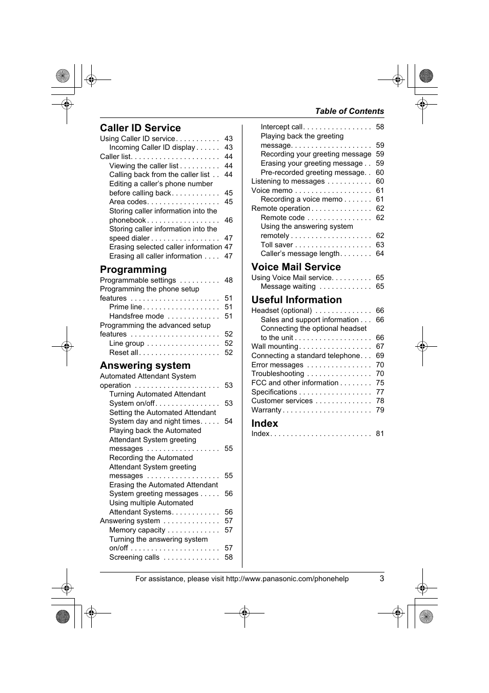 Caller id service, Programming, Answering system | Voice mail service, Useful information, Index | Panasonic KX-TS4300B User Manual | Page 3 / 84