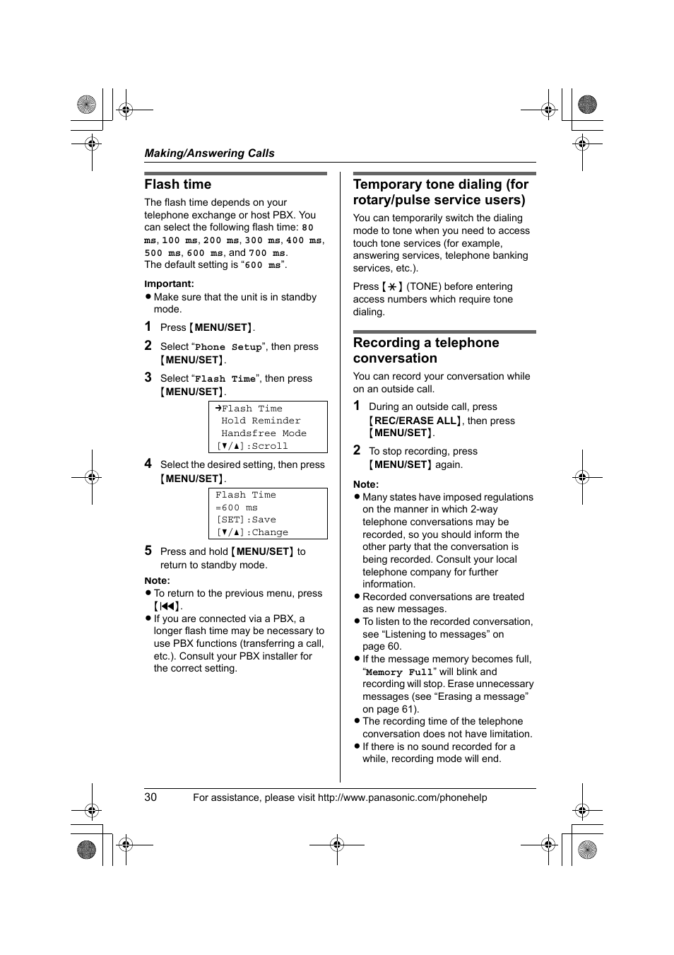 Flash time, Recording a telephone conversation | Panasonic KX-TS4300B User Manual | Page 30 / 84