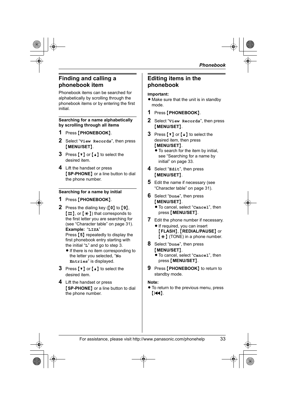 Finding and calling a phonebook item, Editing items in the phonebook | Panasonic KX-TS4300B User Manual | Page 33 / 84