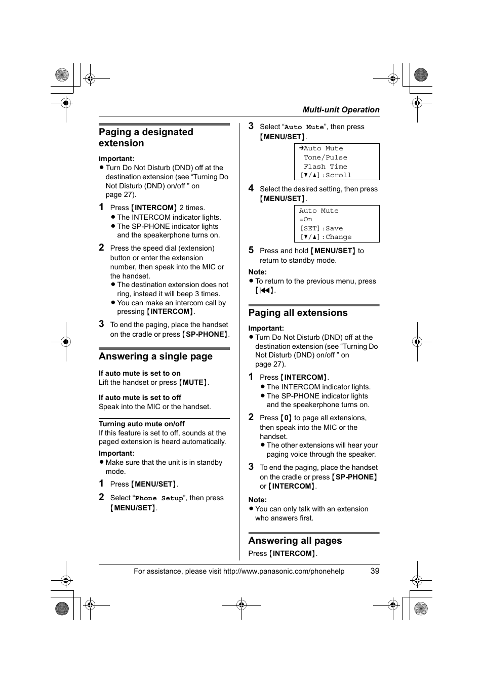 Paging a designated extension, Answering a single page, Paging all extensions | Answering all pages | Panasonic KX-TS4300B User Manual | Page 39 / 84