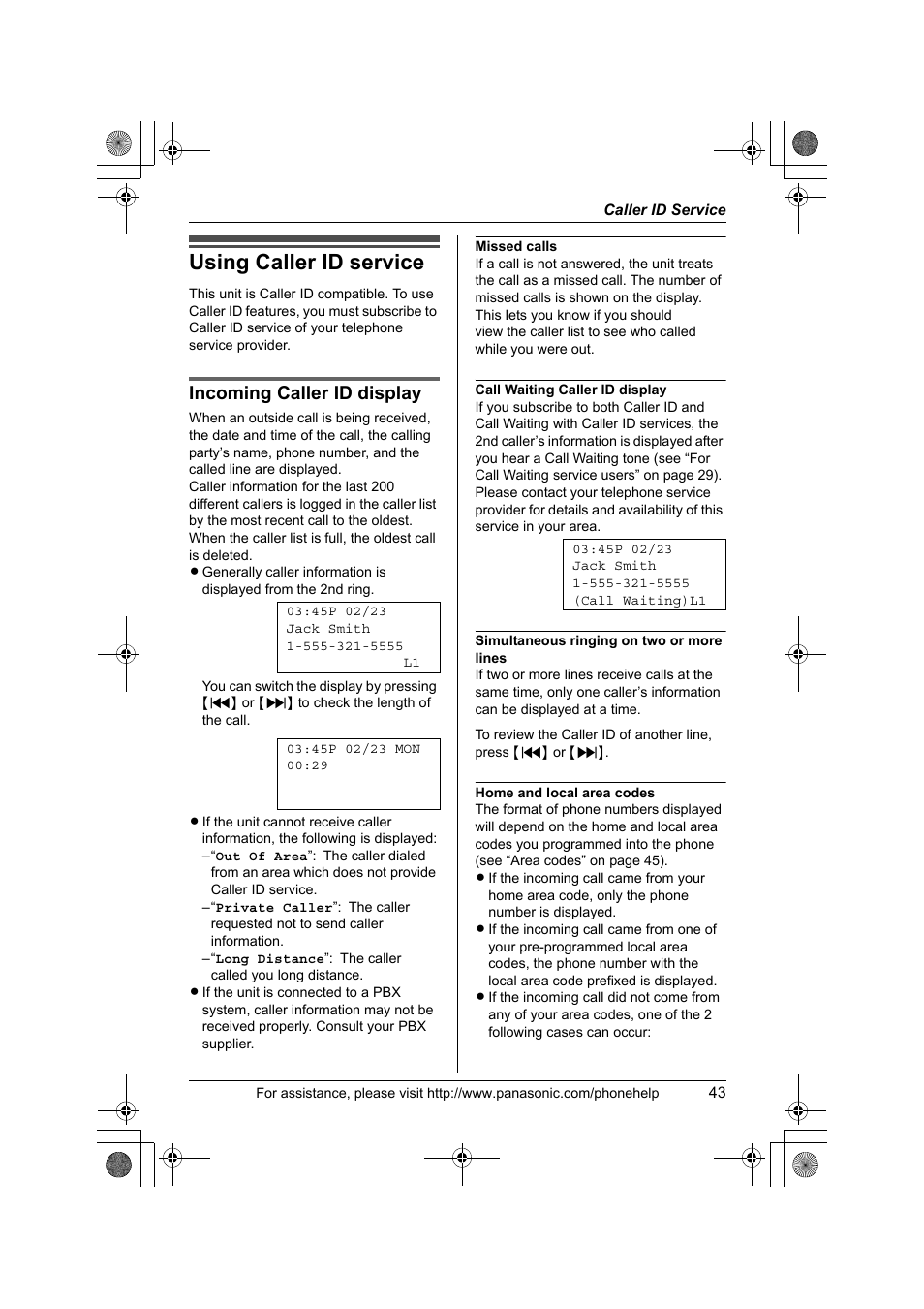 Caller id service, Using caller id service, Incoming caller id display | Panasonic KX-TS4300B User Manual | Page 43 / 84