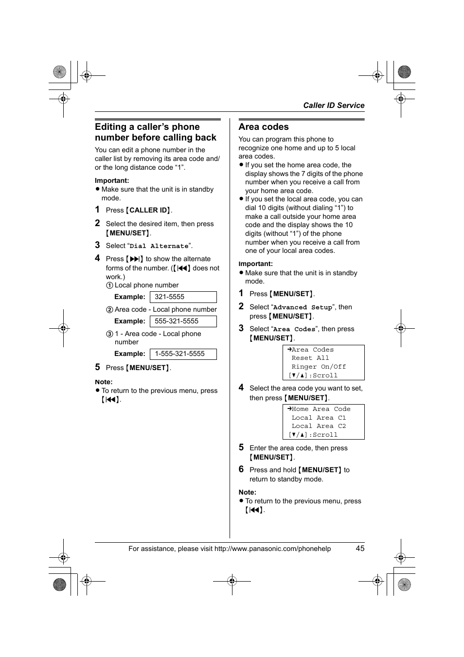 Area codes | Panasonic KX-TS4300B User Manual | Page 45 / 84