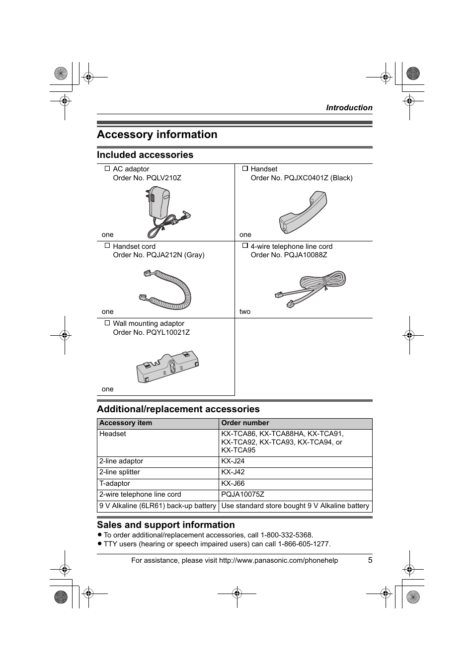 Accessory information | Panasonic KX-TS4300B User Manual | Page 5 / 84