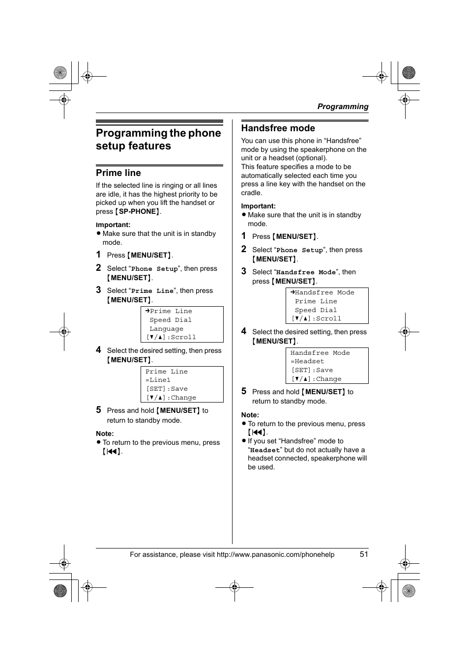Programming the phone setup features, Prime line, Handsfree mode | Panasonic KX-TS4300B User Manual | Page 51 / 84