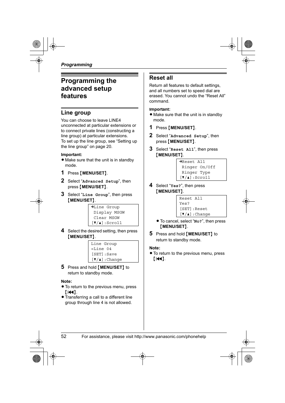 Programming the advanced setup features, Line group, Reset all | Panasonic KX-TS4300B User Manual | Page 52 / 84