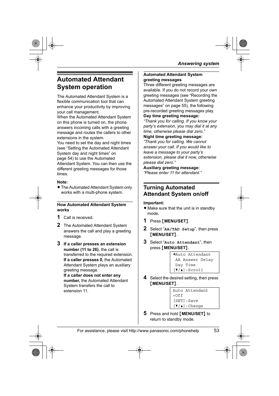 Answering system, Automated attendant system operation, Turning automated attendant system on/off | Panasonic KX-TS4300B User Manual | Page 53 / 84