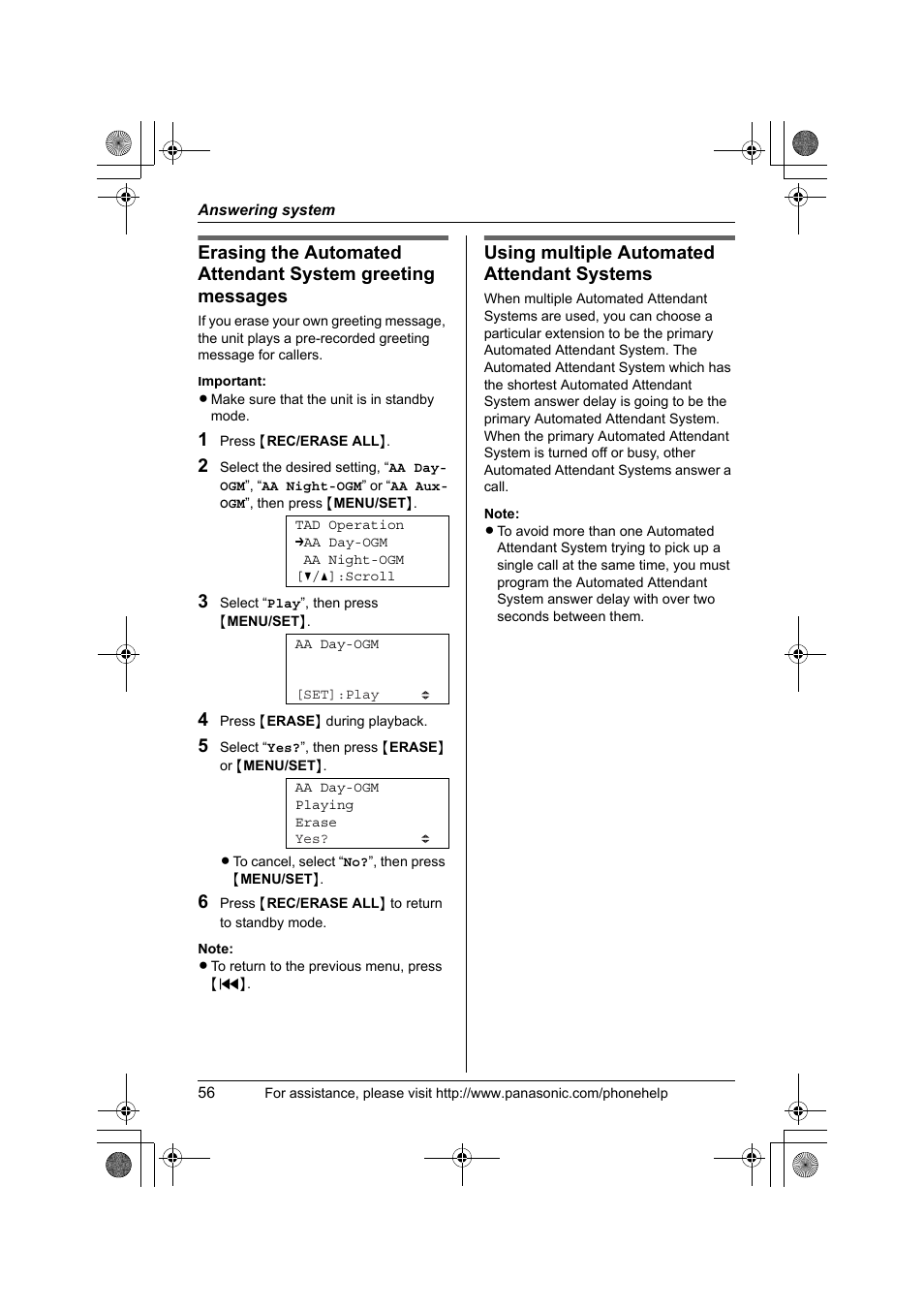 Using multiple automated attendant systems | Panasonic KX-TS4300B User Manual | Page 56 / 84