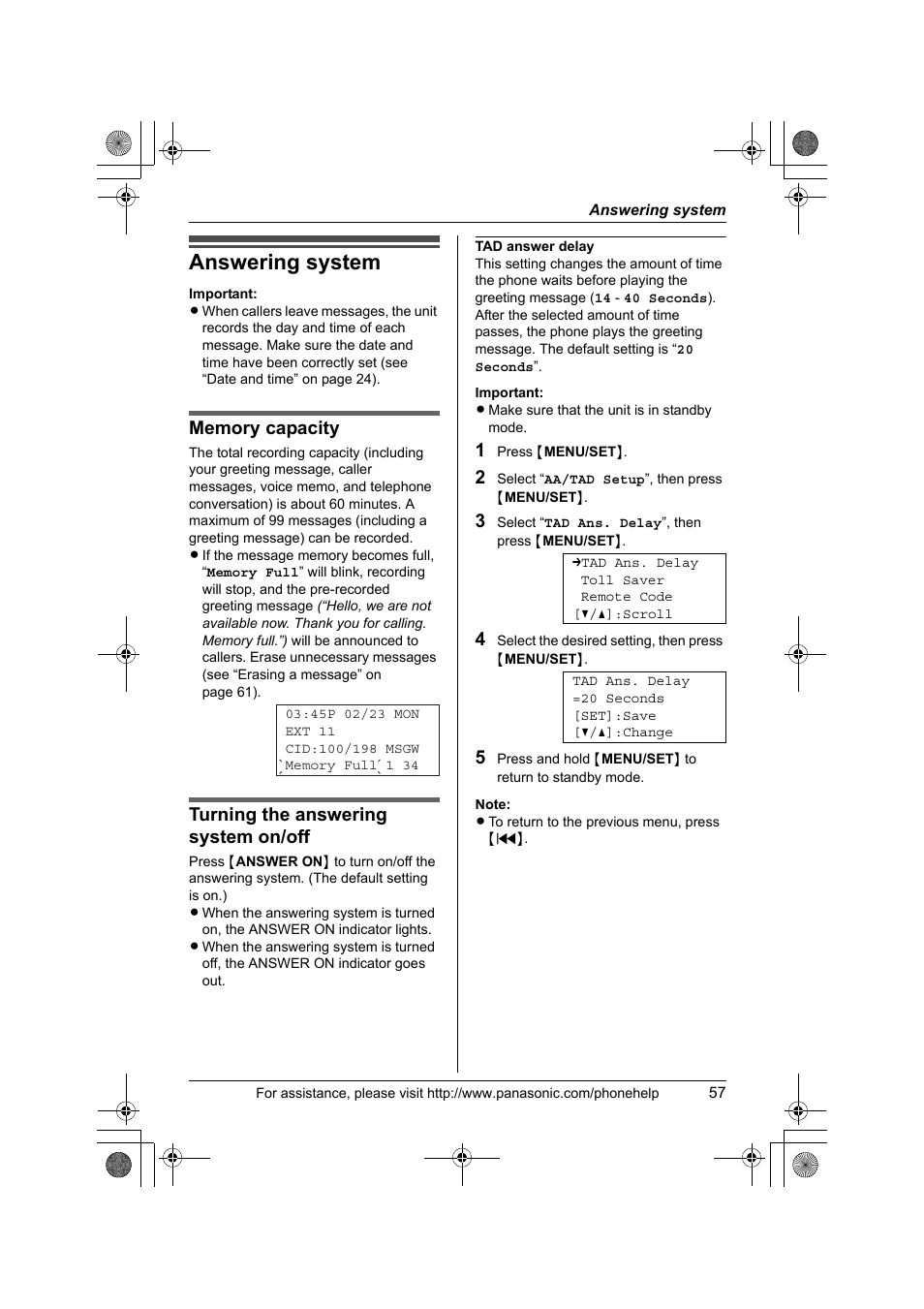 Answering system, Turning the answering system on/off | Panasonic KX-TS4300B User Manual | Page 57 / 84