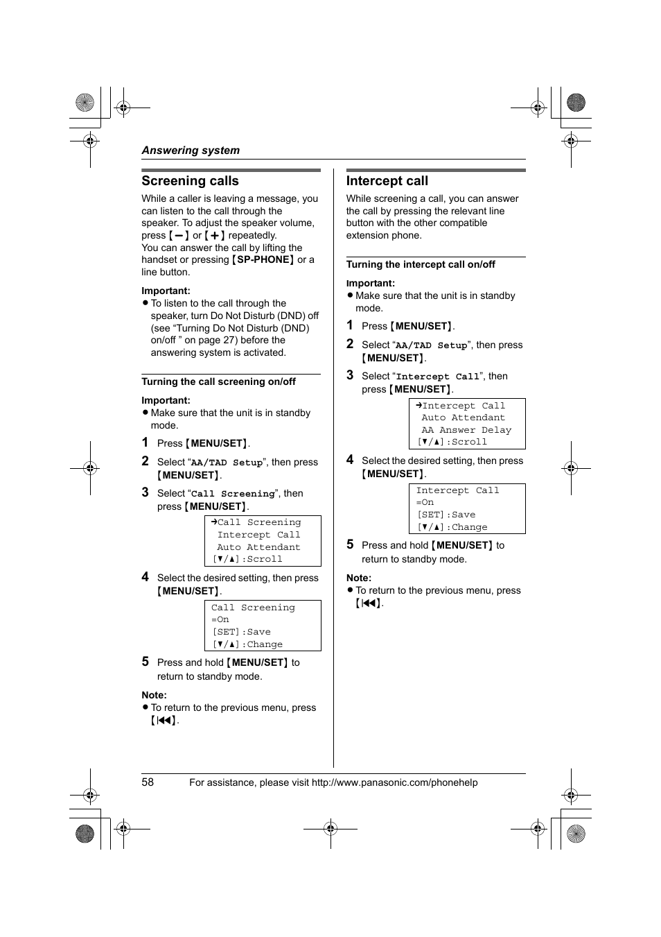 Screening calls, Intercept call | Panasonic KX-TS4300B User Manual | Page 58 / 84