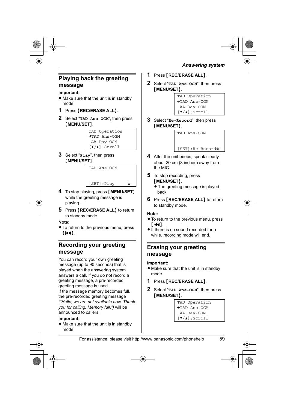 Playing back the greeting message, Recording your greeting message, Erasing your greeting message | Panasonic KX-TS4300B User Manual | Page 59 / 84