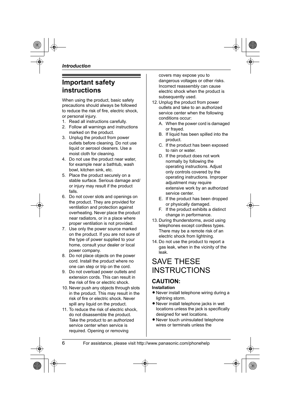 Important safety instructions, Save these instructions, Caution | Panasonic KX-TS4300B User Manual | Page 6 / 84