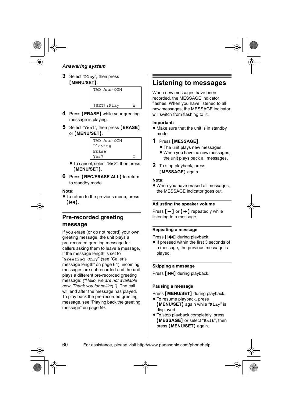 Listening to messages, Pre-recorded greeting message | Panasonic KX-TS4300B User Manual | Page 60 / 84