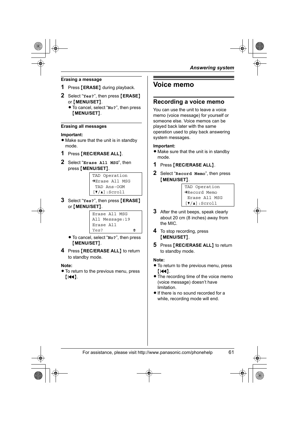 Voice memo | Panasonic KX-TS4300B User Manual | Page 61 / 84