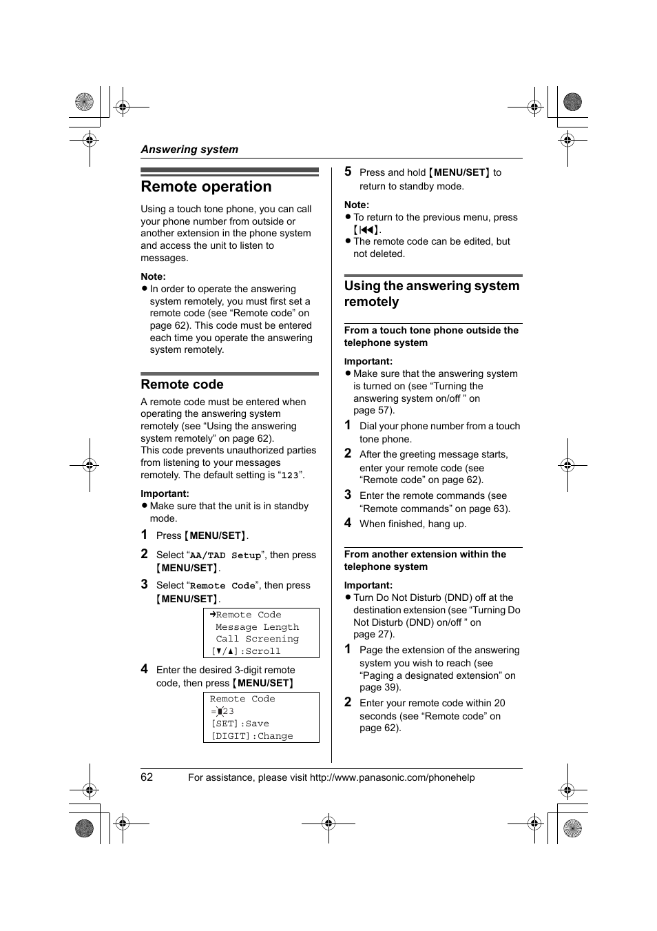 Remote operation, Remote code, Using the answering system remotely | Panasonic KX-TS4300B User Manual | Page 62 / 84