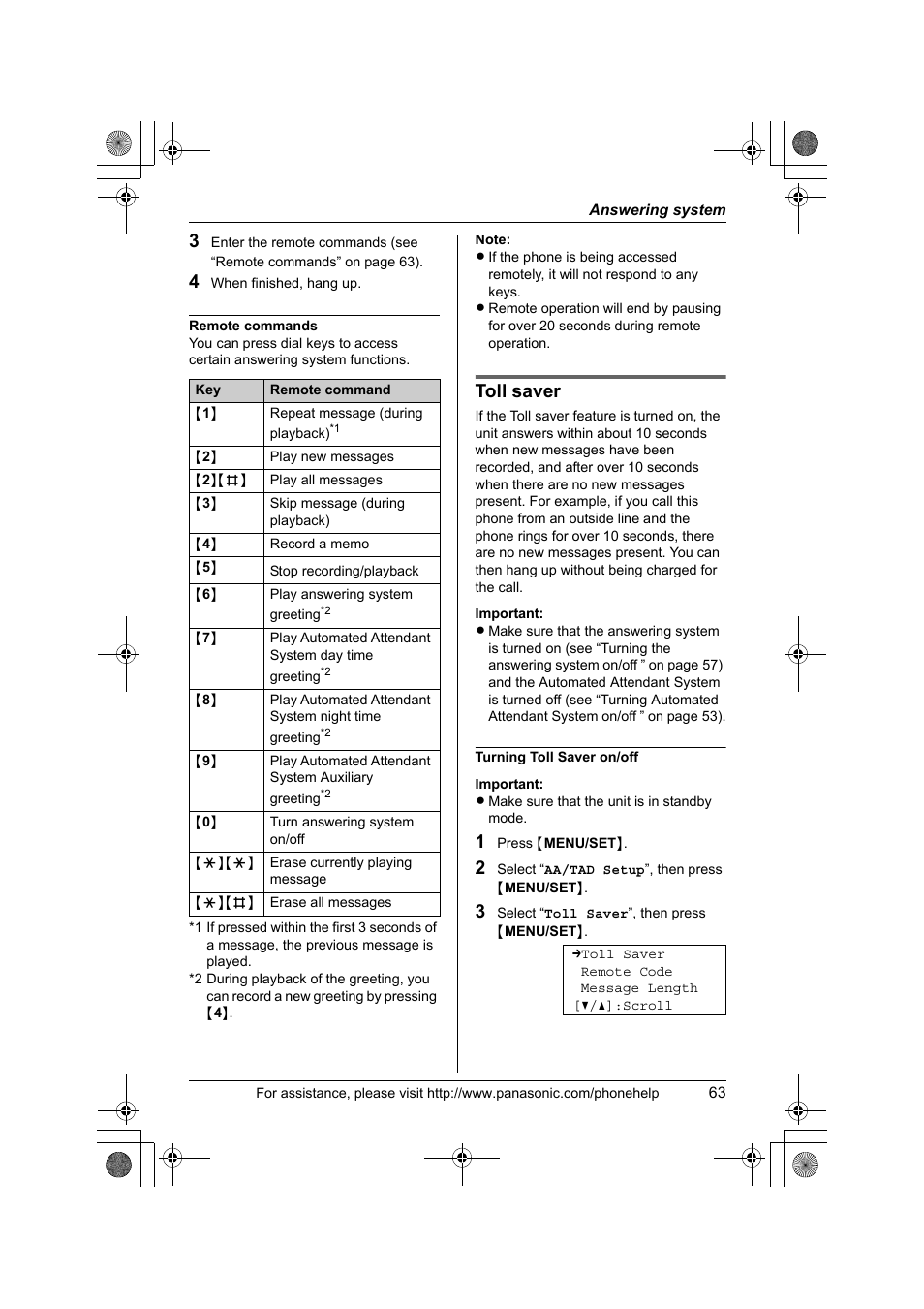 Toll saver | Panasonic KX-TS4300B User Manual | Page 63 / 84