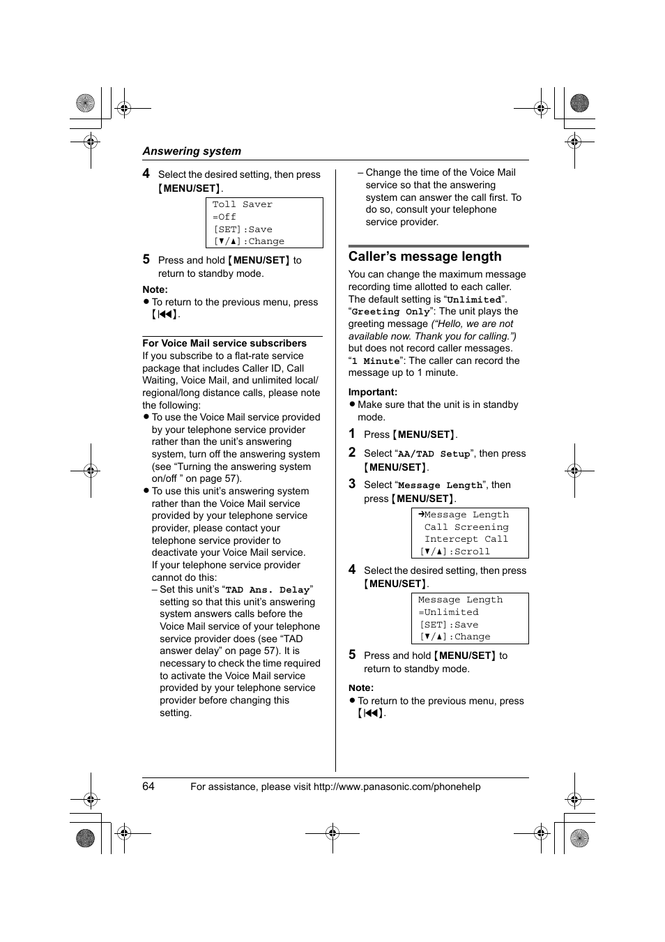 Caller’s message length | Panasonic KX-TS4300B User Manual | Page 64 / 84