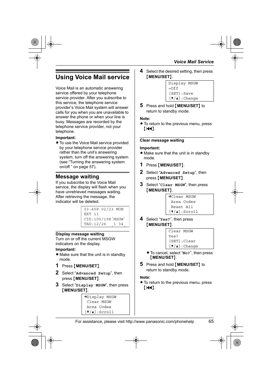 Voice mail service, Using voice mail service, Message waiting | Panasonic KX-TS4300B User Manual | Page 65 / 84