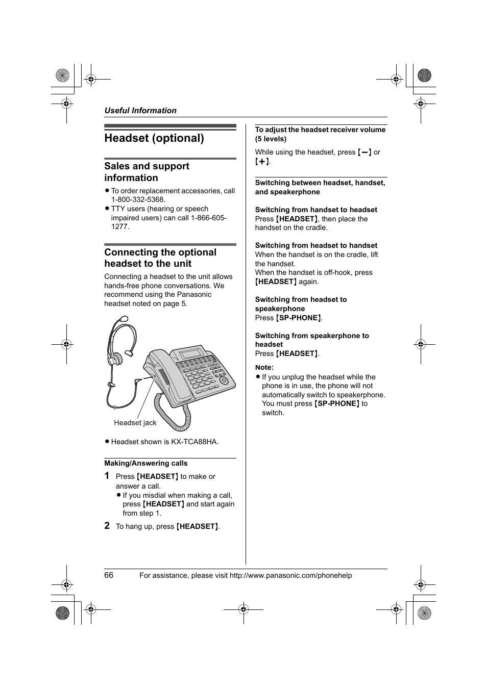 Useful information, Headset (optional), Sales and support information | Connecting the optional headset to the unit | Panasonic KX-TS4300B User Manual | Page 66 / 84