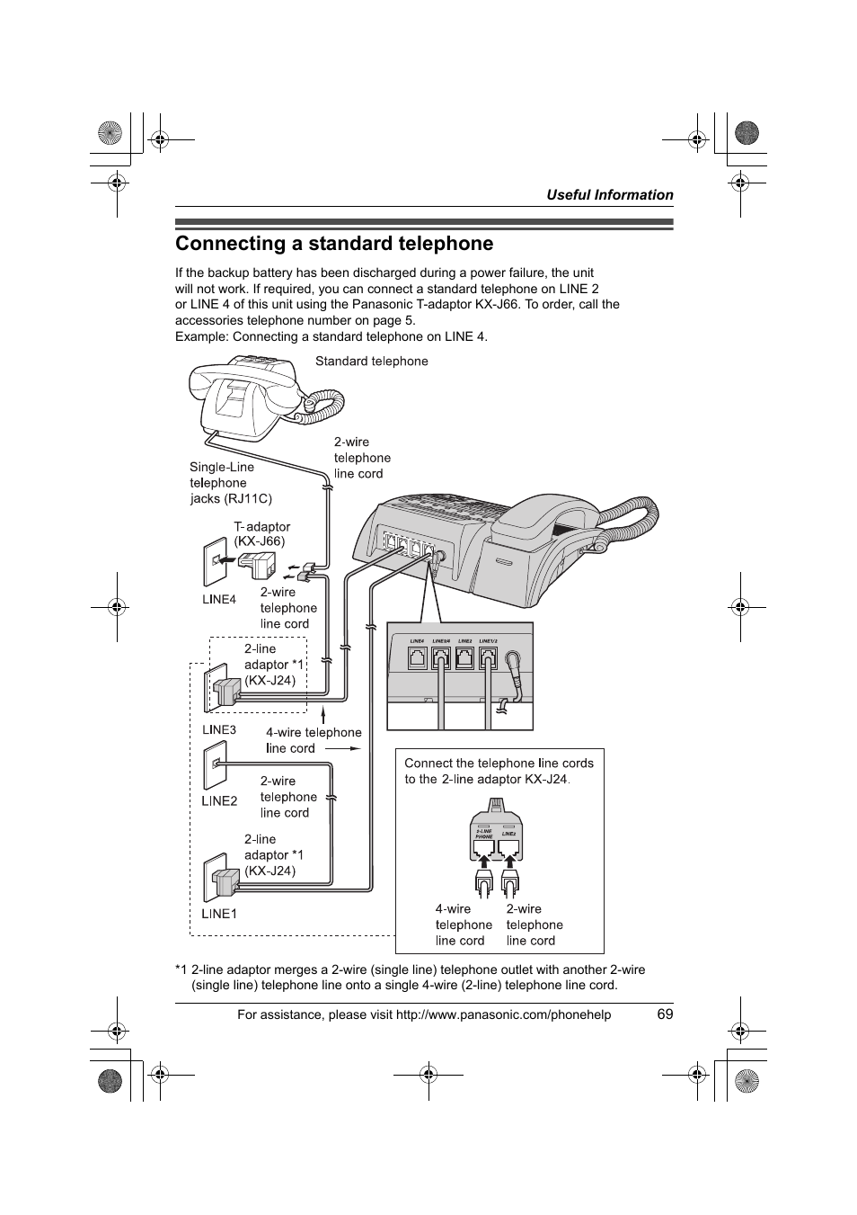 Connecting a standard telephone | Panasonic KX-TS4300B User Manual | Page 69 / 84