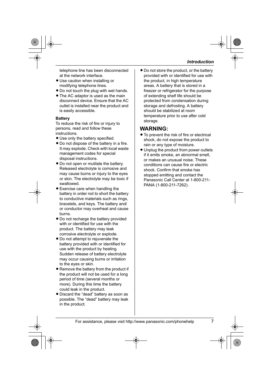 Warning | Panasonic KX-TS4300B User Manual | Page 7 / 84